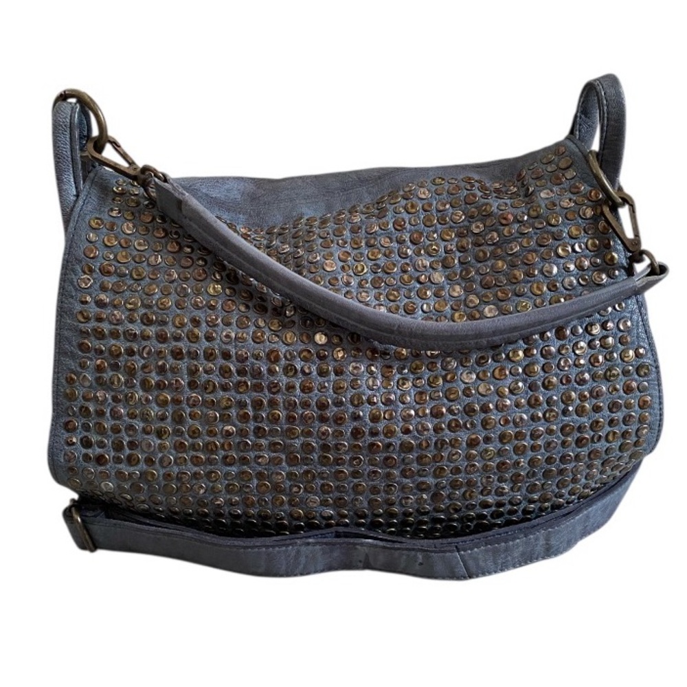 Constanza Rota studded distressed leather flap bag(denim) Made in Italy